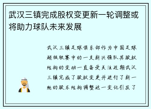 武汉三镇完成股权变更新一轮调整或将助力球队未来发展